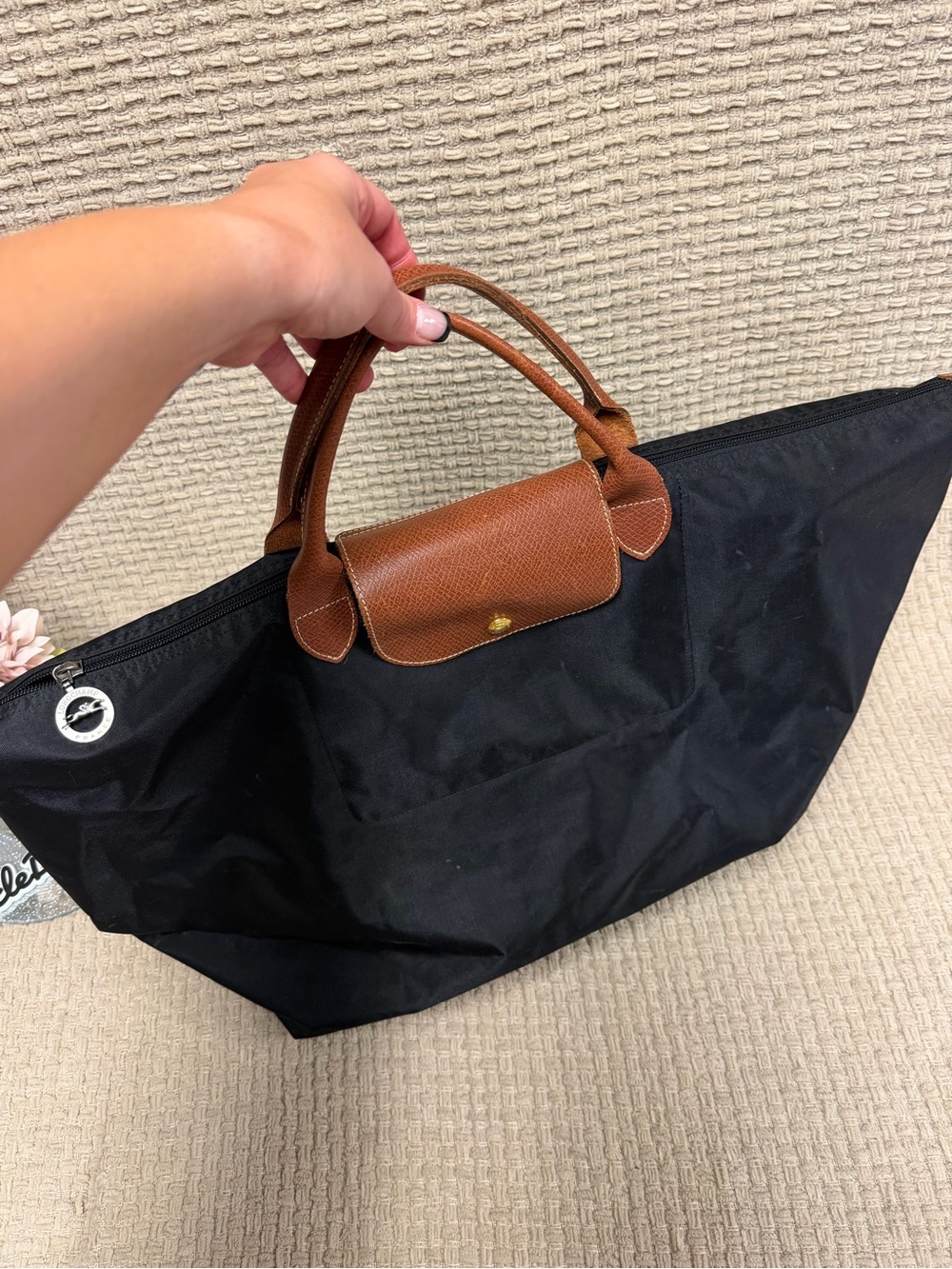 Longchamp Black Nylon Tote with Brown Leather Trim - Picture 2 of 5